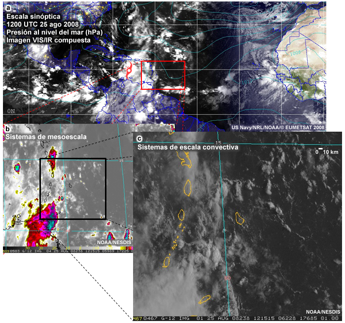 Imagen en el visible e IR, imagen satelital IR realzada de sistemas convectivos de mesoescala e imagen de 1 km en el visible de sistemas de escala convectiva a las 1215 UTC del 25 de agosto de 2008.