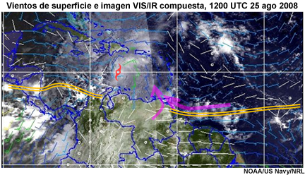 Vientos de superficie e imagen satelital en el visible de las 1200 UTC del 25 de agosto de 2008.