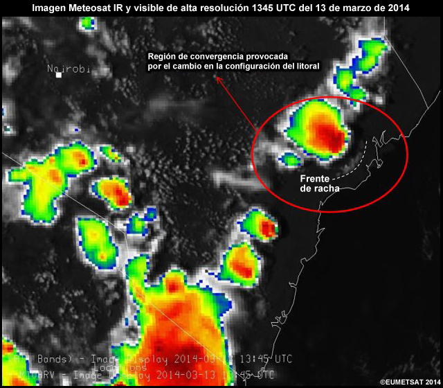 Imagen IR realzada de Meteosat de tormentas de brisa marina junto a la costa de Kenia.
