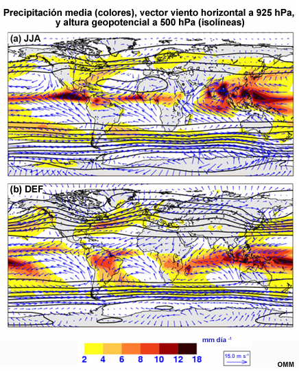 Precipitación media estacional (colores), vector viento horizontal a 925 hPa y altura geopotencial en 500 hPa (intervalos de 10 dam) para (a) junio a agosto y (b) diciembre a febrero. Datos de precipitación de Xie y Arkin (1997) para el período de 1979 a 1999; datos de vientos y altura geopotencial de ERA-40 para el período de 1962 a 2001.