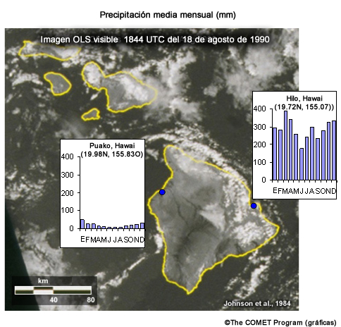 Promedio de lluvia mensual en Hawái, región al norte del Pacífico central.