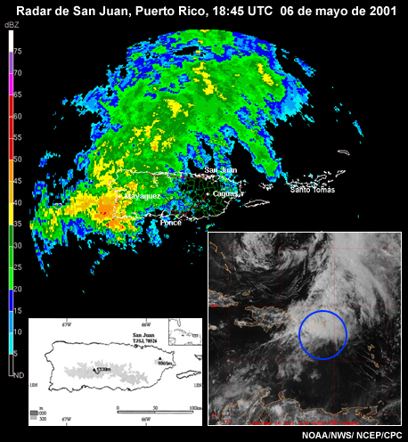 Reflectividad a las 1845 UTC del 6 de mayo de 2001, radar Doppler del NWS, San Juan, Puerto Rico.