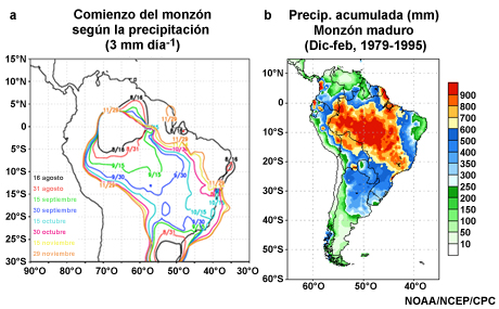 (Izquierda) Fecha promedio de inicio del monzón de América del Sur basada en observaciones de 3 mm de lluvia al día y (derecha) precipitación acumulada en pluviómetros (mm) para el monzón maduro (diciembre a febrero, 1979-1995).