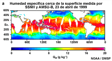 Humedad específica cerca de la superficie medida por SSM/I y AMSU-B, 23 de abril de 1999.