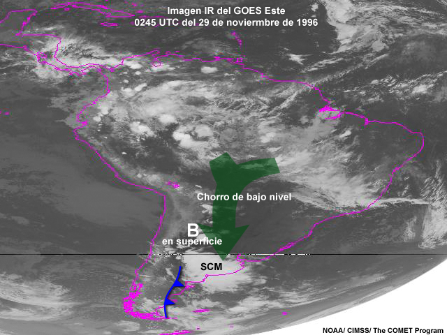 Entrada de aire tropical en las latitudes medias de Sudamérica que causó tiempo severo e inundaciones en noviembre de 1996.