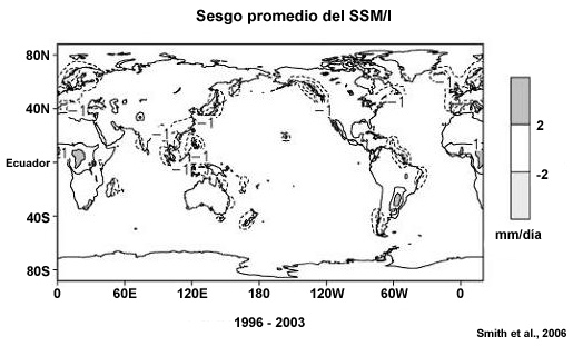 Sesgo del promedio temporal de precipitación analizado directamente (1996-2003) para estimaciones del satélite SSM/Ic en mm por día.