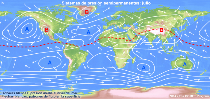 Mapa del mundo que muestra el movimiento del viento típico alrededor de las células de alta presión semipermanentes para el mes de julio.