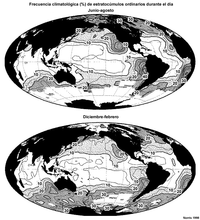 Frecuencia climatológica de estratocúmulos ordinarios durante el día en junio-agosto (arriba) y diciembre-febrero (abajo). El intervalo entre isolíneas es del 5 %. Los sombreados de puntos indican frecuencias por encima del 10 % (claro) y del 20 % (oscuro).