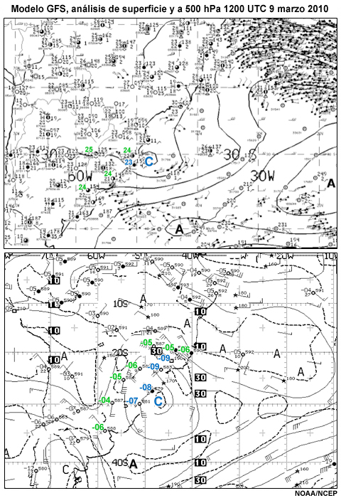 Análisis del modelo GFS en la superficie y en el nivel de 500 hPa para las 1200 UTC del 9 de marzo de 2010.
