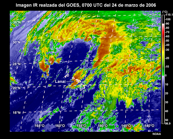 Imagen infrarroja realzada del GOES que muestra algunas tormentas supercelulares que engendraron tornados sobre las islas hawaianas centrales el 24 de marzo de 2006.