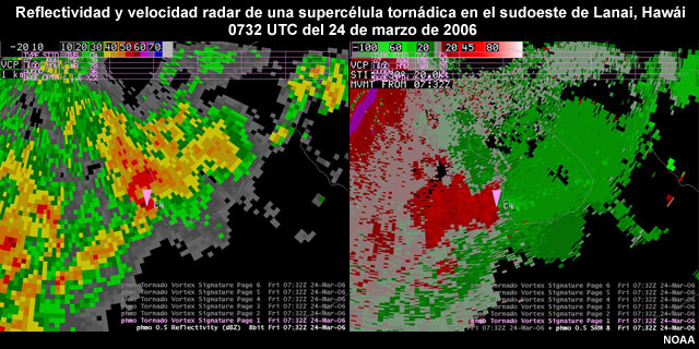 Imágenes radar de reflectividad (izquierda) y velocidad (derecha) en la primera elevación de las 0732 UTC del 24 de marzo de 2006 cerca de Lanai, Hawái. Los triángulos rosados marcan la señal característica del vórtice de un tornado (el eco en forma de gancho y la pareja de centros de velocidad).