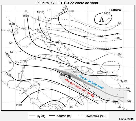 Análisis de temperatura potencial equivalente en 850 hPa, velocidad del viento y chorro de bajo nivel asociado con las inundaciones repentinas ocurridas en Jamaica, el 4 de enero de 1998
