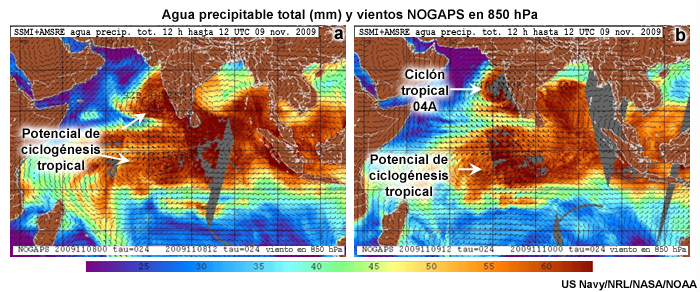 Acumulación de agua precipitable total en 12 horas y vientos en 850 hPa (a) a las 1200 UTC del 9 de noviembre y (b) a las 1200 UTC del 11 de noviembre de 2009.