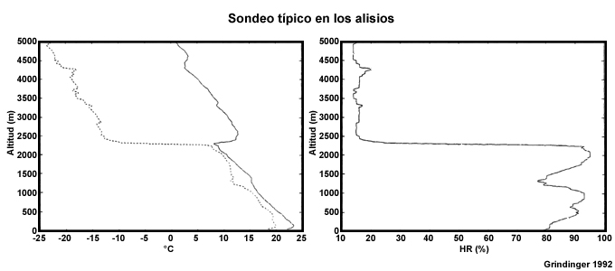 Sondeo típico del régimen de los alisios con una inversión, obtenido en Hilo (Hawái) en verano de 1991.