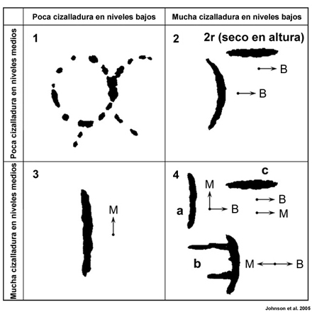Cuatro categorías principales de estructuras convectivas para distintos niveles de cizalladura vertical en la troposfera inferior (1000 a 800 hPa) y en las capas medias (800 a 400 hPa) según las observaciones del experimento de respuesta del sistema acoplado océano-atmósfera (Coupled Ocean/Atmosphere Response Experiment, COARE), modificadas para incluir los resultados del experimento del monzón en el mar de China Meridional (South China Sea Monsoon Experiment, SCSMEX).