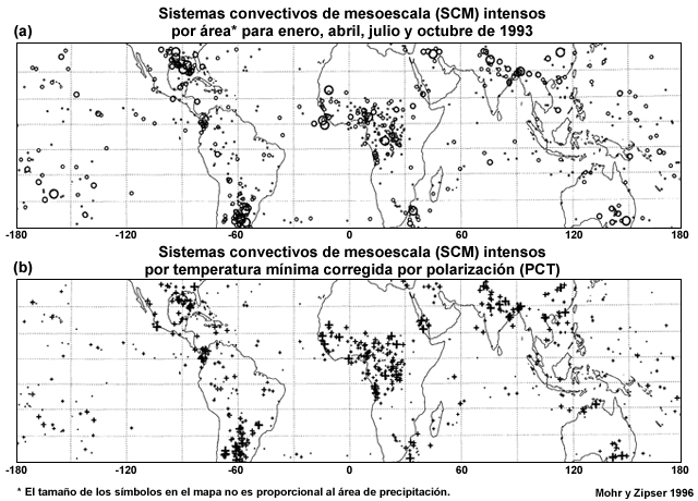 (a) Sistemas convectivos de mesoescala intensos por área, para enero, abril, julio y octubre. El tamaño de los símbolos no es proporcional al área de precipitación. (b) Sistemas convectivos de mesoescala intensos por temperatura mínima corregida por polarización, para los mismos meses.