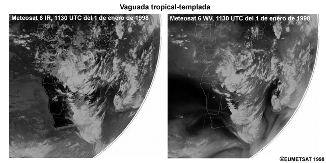 Imágenes Meteosat de IR térmico y vapor de agua que muestran una vaguada tropical-templada sobre África del sur a las 1130 UTC del 1 de enero de 1998.