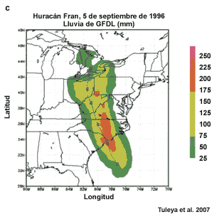 Verificación de los pronósticos de lluvia total de la tormenta para el huracán Fran: total de lluvia pronosticado por el modelo GFDL.