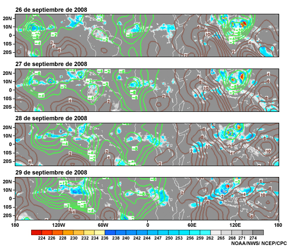 Anomalías diarias de potencial de velocidad en 200 hPa (período de referencia 1971-2000) e imagen satelital IR realzada.