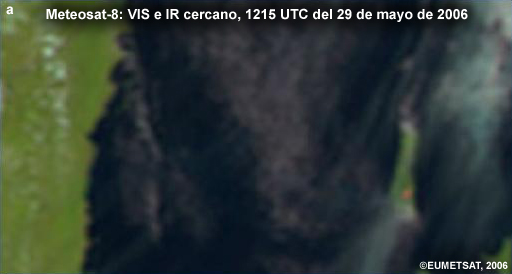 Detección de lava de la erupción de Karthala, islas Comoras (sudoeste del Océano Índico) el 29 de mayo de 2006.