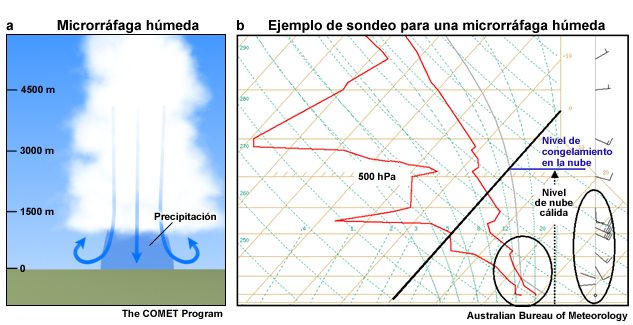 Representación esquemática (izquierda) y sondeo (derecha) de una microrráfaga húmeda.