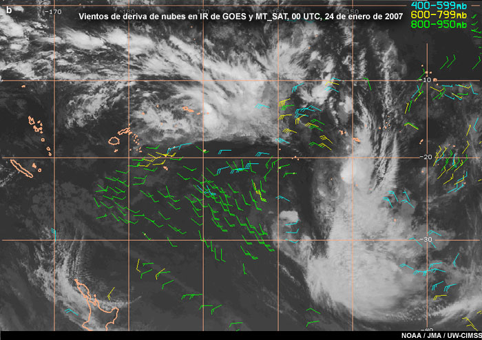 Vientos de deriva de nubes en IR del GOES y MT_SAT, 00 UTC, 24 de enero de 2007