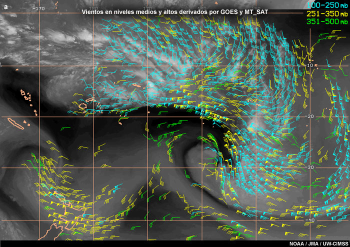 Vientos en niveles medios y altos derivados por GOES y MT_SAT, 00UTC, 24 de enero de 2007