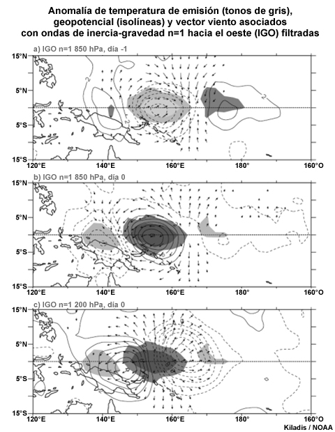 Anomalía de temperatura de emisión (Te, tonos de gris), geopotencial (isolíneas) y vector viento relacionados con una perturbación de -20 K en una onda de inercia gravedad que se propaga hacia el oeste IGO n = 1.