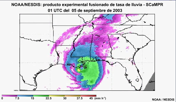 Producto experimental fusionado de tasa de lluvia de NOAA NESDIS: SCamPR 0300UTC 25 de agosto de 2005