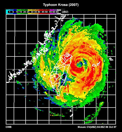 Radar image of Typhoon Krosa at 04 UTC on October 6, 2007.