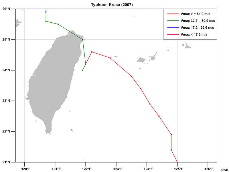 Best track and intensity of Typhoon Krosa (2007).