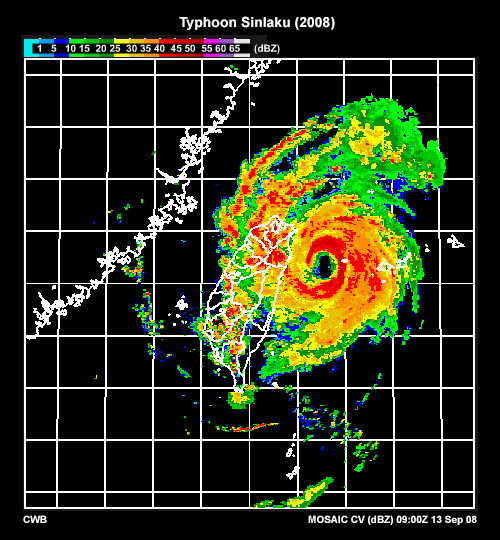 Radar image of Typhoon Sinlaku at 09 UTC on September 13, 2008.