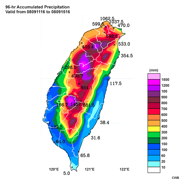 96-hour accumulated precipitation from 16 UTC September 11 to 16 UTC September 15, 2008 during Typhoon Sinlaku.
