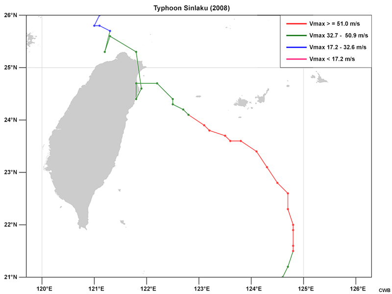 Best track and intensity of Typhoon Sinlaku (2008).