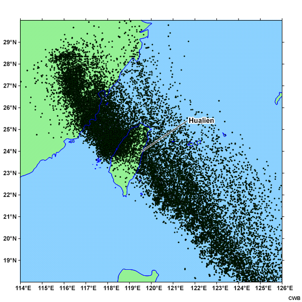 The distribution of predicted storm center locations (black dots) of Typhoon Matmo (2014) from the ensemble prediction system.