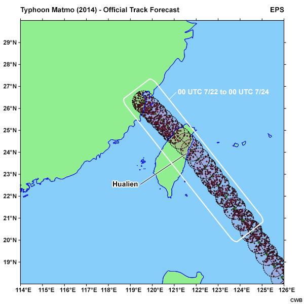 Official track forecast of Typhoon Matmo (2014), with predicted storm center locations (black dots) using a 50-km filtering radius and translation speed of 10 km/h.