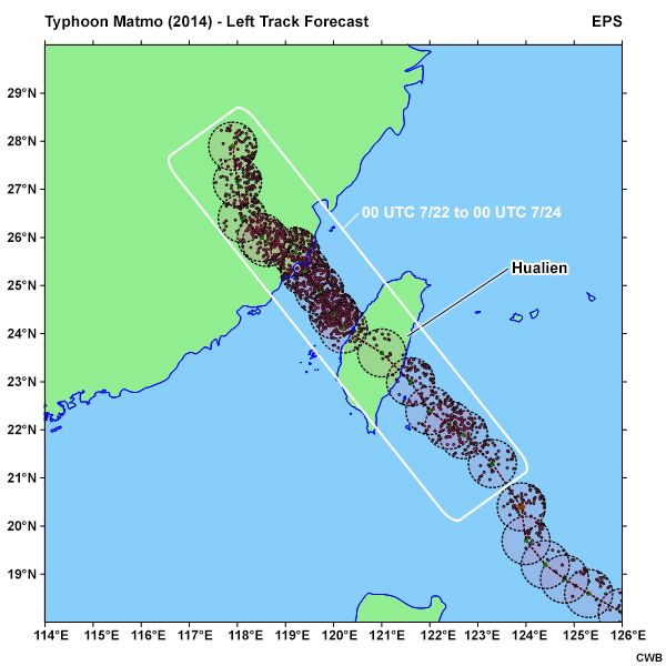 Southern track forecast of Typhoon Matmo (2014), with predicted storm center locations (black dots) using a 50-km filtering radius and translation speed of 10 km/h.
