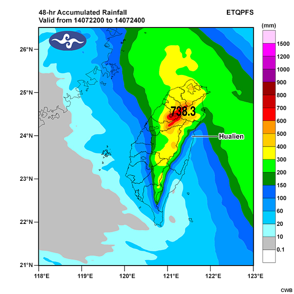 48-hour predicted accumulated rainfall of Track-R for Typhoon Matmo.