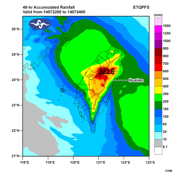48-hour predicted accumulated rainfall of Track-O for Typhoon Matmo.