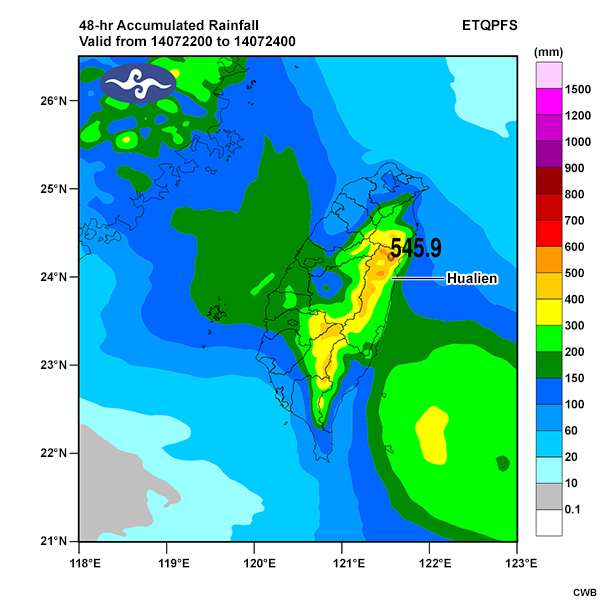 48-hour predicted accumulated rainfall of Track-L for Typhoon Matmo.