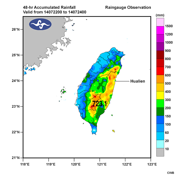 The 48-hour accumulated rainfall observations for the period 00 UTC July 22 to 00 UTC July 24, 2014 during Typhoon Matmo.