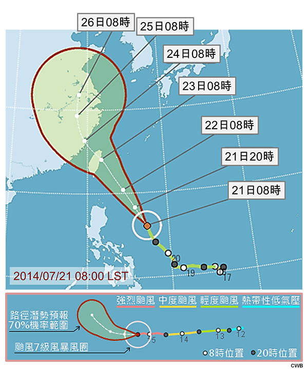 Official track forecast with potential track area for Typhoon Matmo (2014).