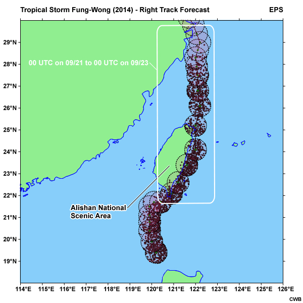 Right track forecast of Tropical Storm Fung-Wong (2014), with predicted storm center locations (black dots) using a 50-km filtering radius and translation speed error of +/- 10 km/h.
