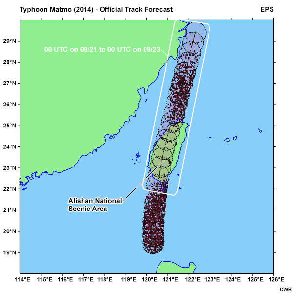 Official track forecast of Tropical Storm Fung-Wong (2014), with predicted storm center locations (black dots) using a 50-km filtering radius and translation speed error of +/- 10 km/h.