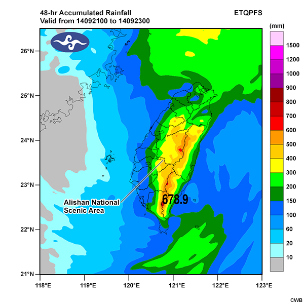 The 48-hour accumulated rainfall for the period 00 UTC September 21 to 00 UTC September 23, 2014 predicted by ETQPF model based on forecast track-O for Tropical Storm Fung-Wong.