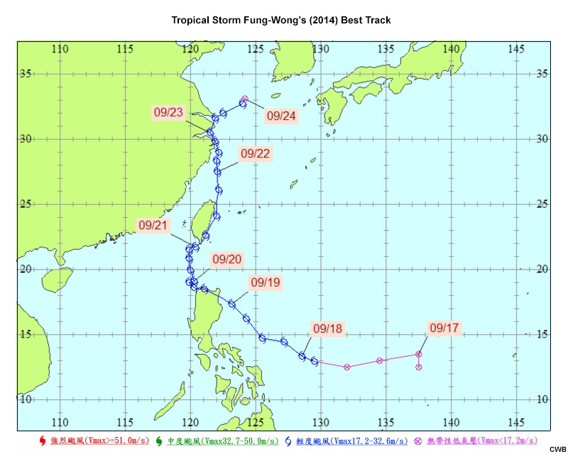 Tropical Storm Fung-Wong's (2014) actual track.