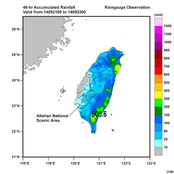 The 48-hour accumulated rainfall observations for the period 00 UTC September 21 to 00 UTC September 23, 2014 during Typhoon Fung-Wong.