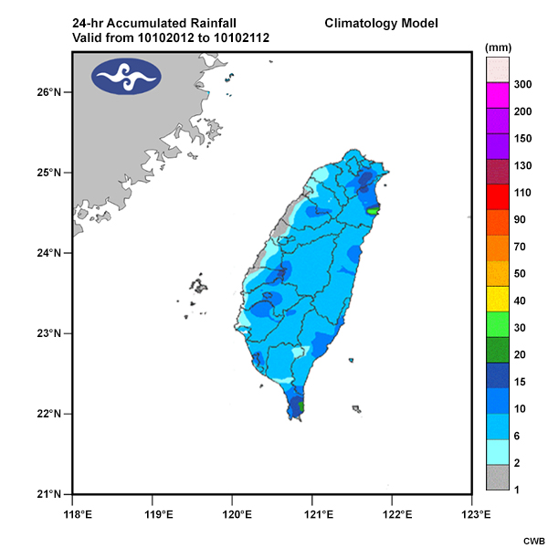 The 24-hour accumulated rainfall from the climatology model based on the best track of Typhoon Megi for the period 12 UTC October 20 to 12 UTC October 21, 2010. Note that the rainfall scale maximizes at 300 mm.