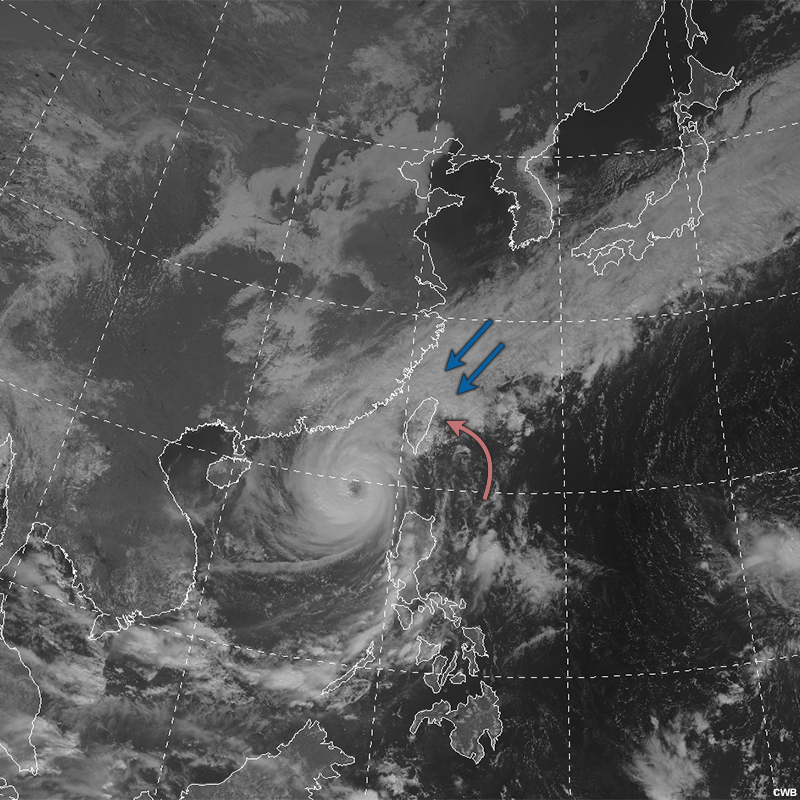 Visible satellite image of Typhoon Megi at 0330 UTC on October 21, 2010. The arrows show that the cool, northeasterly monsoonal flow (blue arrow) and the warm, moist southerly flow from the typhoon (red arrow) converged over northeastern Taiwan.