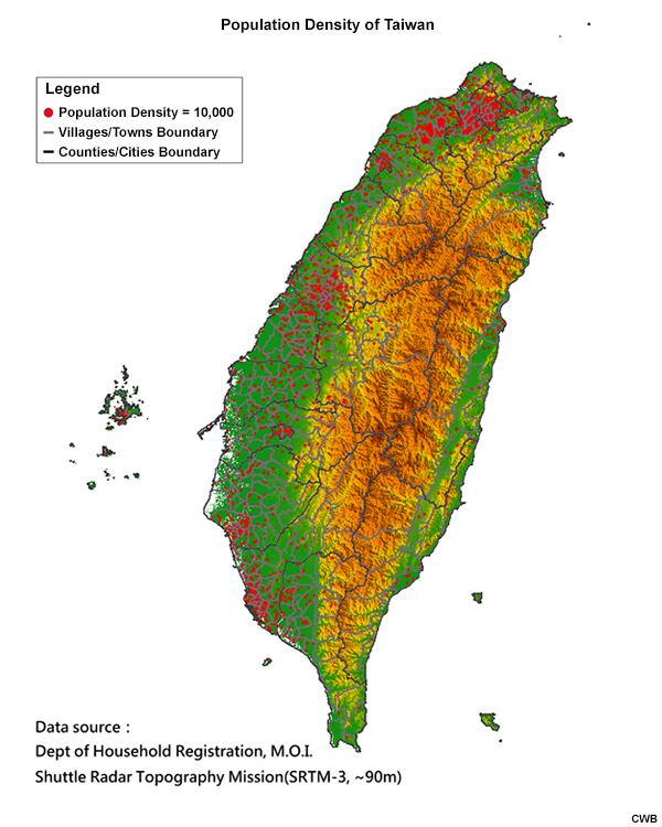 Population density map of Taiwan.